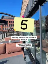 A listicle-style graphic promoting rooftop terraces in Manchester. The image features a large, prominent yellow sticky note graphic overlaying a view of a rooftop terrace, which obscures the venue itself.