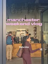 A weekend vlog following a creator through various spots in Manchester, including a cafe for brunch, a pilates studio, a juice bar, and a dessert takeaway.
