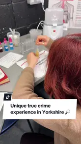 A vlog-style video showcasing the 'In the Firing Line' forensic science workshop at Think Forensic in Yorkshire, featuring hands-on activities like analyzing gunshot residue, bullet trajectories, and tool marks.