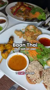 A review of Baan Thai in Eltham, South East London, featuring various dishes including steak, noodles, chicken wings, and mango sticky rice.