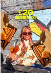 A high-energy vlog showcasing an unlimited BBQ event called 'Slice & Sizzle' at the Barras Art & Design in Glasgow. The creator highlights the £20 price point, the variety of food available (hot dogs, burgers, pizza, chicken, ribs), and the lively beer garden atmosphere, including the dog-friendly policy.