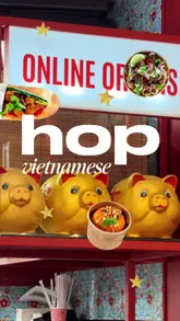 A fast-paced video showcasing the menu and ordering experience at HOP Vietnamese. The creator highlights various dishes including banh mi, sticky rice, and desserts, while also showing the interior and the self-service kiosk ordering system.