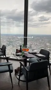 A montage showcasing the interior, atmosphere, and food at Lucky Cat restaurant in London, highlighting the high-rise views and lively vibe.