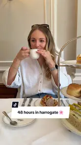 A travel vlog documenting a 48-hour trip to Harrogate, featuring a stay at St James Apartments, afternoon tea at Bettys, and visits to local sights like Knaresborough and Valley Gardens, alongside various dining spots.