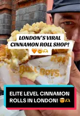 A creator visits 'Roll Boys' in London to review their viral cinnamon rolls. The video features a tour of the shop, a look at the menu, and close-up taste tests of several flavors, including limited-edition options like Lemon Shortcake and Toffee Apple Crumble.