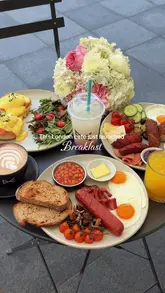 A short, aesthetic montage showcasing a new breakfast menu at Bex Coffee, featuring close-ups of an English breakfast, Eggs Royale, Turkish breakfast, and Eggs Benedict, alongside coffee preparation.