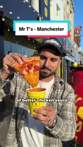 A fast-paced review of Mr T's in Manchester, highlighting their unique butter chicken pizza and various toasties. The video features the creator presenting the food, demonstrating the dipping process, and showing the venue's interior.
