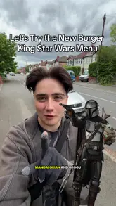 The creator reviews the limited-edition Star Wars-themed menu at Burger King, including the Mandalorian Double Whopper, loaded fries, and a Grogu-themed sundae. They provide commentary on the taste and presentation of the items while sitting inside the restaurant.