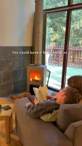 A montage showcasing a family staycation at a forest cabin, highlighting activities like cycling, relaxing in a hot tub, cooking on a grill, and enjoying nature.
