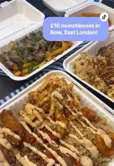 A short, fast-paced review of a halal takeaway spot in Bow, London, focusing on their affordable 'munch boxes' which include a variety of fast food items like burgers, wings, and fries.