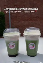 A short review video featuring two matcha drinks from a small business in Bedford. The creator showcases the drinks, specifically mentioning the cold foam and the strawberry matcha, while providing a brief, positive review of the quality.