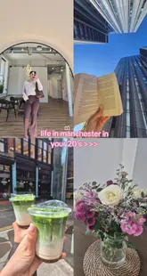 A lifestyle photo collage capturing a 'day in the life' in Manchester, featuring a cafe visit with matcha lattes, reading, and flowers.