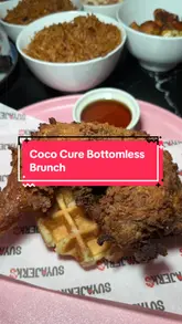 A vibrant, fast-paced vlog-style reel showcasing a bottomless brunch experience at Suya Jerks and Cococure Haus. The video features close-ups of various dishes like jerk chicken, waffles, jollof rice, and plantain, alongside shots of cocktails being poured and the lively venue atmosphere. The creator provides commentary on the food and drink quality, highlighting the value of the bottomless brunch offer.