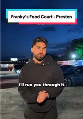 The creator provides a tour of Franky's Food Court in Preston, highlighting several different vendors including Meat Street, Kiki Island, Delice, and Jerk Cabin. The video showcases a variety of dishes ranging from premium steaks and seafood platters to desserts and authentic Jamaican food, all within a drive-thru format.