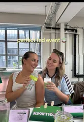 The video follows two creators on a day in the life in London, starting with a visit to a Perfect Ted matcha event where they make their own drinks, followed by a trip to Pizza Social Club at Boxpark Shoreditch to eat deep-dish pizza.