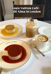 A short, aesthetic reel showcasing the Louis Vuitton Café (Café Alma) in London. The video features close-ups of branded desserts being plated, latte art, and the elegant interior of the venue, concluding with a shot of the branded takeaway packaging.