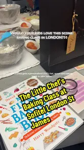 A short video showcasing a children's baking class at the Sofitel London St James. The video follows a child making scones from scratch, highlighting the personalised chef's hat, apron, and baking book provided as part of the experience.