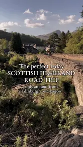 A travel itinerary video showcasing a one-day road trip loop in the Scottish Highlands, highlighting scenic stops and local hospitality venues like a bakery, a boathouse, and an inn.