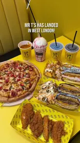 A fast-paced promotional reel for Mr T's, showcasing their menu items including butter chicken pizza, burgers, and chicken tenders in a bright, neon-lit venue.