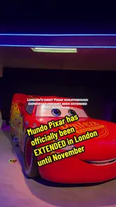 A montage-style walkthrough video showcasing the immersive Mundo Pixar exhibition in London, featuring various themed sets from popular Pixar films such as Toy Story, Cars, and Inside Out.