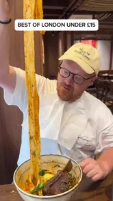 A fast-paced listicle video showcasing various affordable dining spots in London, including a shawarma shop, a breakfast spot, a bakery, a Turkish restaurant, a pub, a noodle bar, and a fried chicken shop. The creator provides a voiceover and tries the food at each location.
