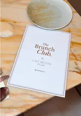 A montage showcasing the interior and brunch menu at Café Begum, featuring shots of steak and eggs, a full breakfast, French toast, and various drinks.