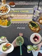 A collage-style graphic showcasing a variety of brunch dishes and drinks, set against a London train platform background, designed as a listicle to recommend brunch spots.