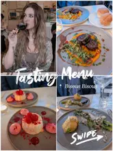 A collage-style post showcasing a 5-course tasting menu at a French patisserie, featuring various dishes and a non-alcoholic wine pairing.