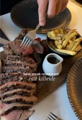A montage showcasing a steak dinner experience at Bond in East Kilbride, featuring close-ups of a tomahawk steak, sides, cocktails, and the venue's interior and exterior.