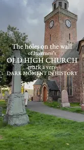 A short, atmospheric video tour of the Old High Church in Inverness, Scotland. The video uses a voiceover to explain the historical significance of bullet holes found in the church walls, linking them to the aftermath of the Battle of Culloden. It features shots of the church exterior, the surrounding cemetery, and views of the River Ness.