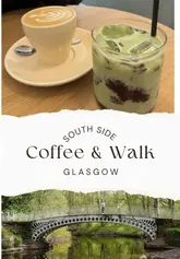 A short, aesthetic reel showcasing a coffee and walk combination in Glasgow's Southside, featuring Bica coffee shop and Linn Park.