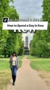 A travel guide video showcasing a day out in Kew, London, featuring Kew Gardens, a cafe visit for afternoon tea, browsing independent shops, and a stop at a local pub.