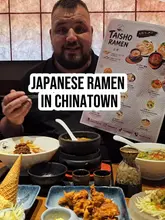 A review of a newly opened Japanese ramen restaurant in Chinatown, showcasing the menu, various ramen dishes, sides like karaage and sashimi, and the restaurant's interior design.