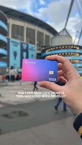 A promotional video featuring a creator explaining a Revolut giveaway event at a Manchester City football match, including free tickets, merchandise, and pies from a food van.