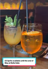 A short video showcasing a selection of dishes and drinks from the Bella Italia menu, highlighting a £5 spritz offer available until the end of May. The video features close-ups of pasta, pizza, mozzarella sticks, and cocktails, with text overlays providing context.