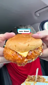 A food review video featuring a creator in a car sampling various takeaway items from Sanis in Walsall, including burgers, loaded fries, a wrap, and a sub.