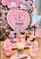 A short, fast-paced tour of the My Melody & Kuromi themed Artbox Cafe in Brighton, showcasing the interior decor, merchandise, and various colourful desserts and drinks.