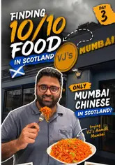 A creator reviews dishes at VJ's Aamchi Mumbai, focusing on the Manchow soup, crispy chicken, and triple Schezwan fried rice, highlighting the affordability and taste of the Indo-Chinese menu.