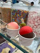 A parent and child visit a Snowflake Gelato shop to try the new 'Snow Peach' gelato. The video captures their arrival, the selection process at the display case, and their reaction to the dessert.