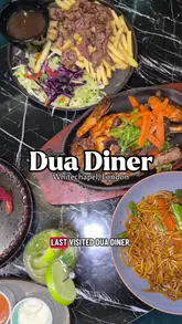 A review-style video where a creator and his brother visit Dua Diner in Whitechapel, London, to test various dishes including prawns, wings, beef stir fry, steak, mixed grill, chocolate cake, and a milkshake.