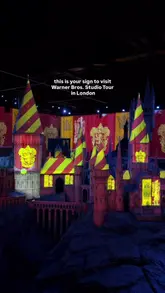 A fast-paced montage showcasing various iconic sets and props at the Warner Bros. Studio Tour London, including the Great Hall, Diagon Alley, and the Hogwarts Express, alongside a brief look at the on-site cafe and Butterbeer.