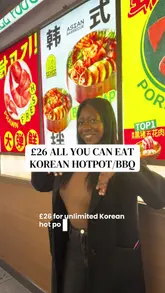 A vlog-style review of Sanshun in Hammersmith, highlighting their £26 all-you-can-eat Korean hotpot and BBQ offer. The video takes viewers through the venue, showing the cooking setup, the variety of food available, and the dessert section.
