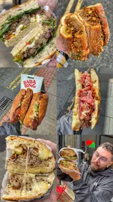 A fast-paced, energetic listicle video showcasing five popular sandwich spots in Manchester. The creator visits each venue, showing close-ups of the sandwiches, the preparation process, and their own reaction to eating them.