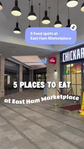 A listicle-style video showcasing five different food venues located within East Ham Marketplace, including Chickaros, Rice Club, Rais Bite Bar, Mowchi, and Afrikana Express. The video provides a quick visual tour of each spot, highlighting their interiors and a selection of their food offerings.