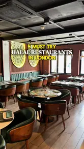 A listicle-style video presenting five different halal restaurants in London, featuring quick cuts of food and interior shots for each location.