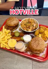 A short, fast-paced promotional video for Hotville in Alum Rock, showcasing their Nashville-style hot chicken burgers, tenders, and sides.