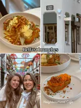 A collage-style social media post showcasing brunch spots in Belfast, specifically featuring Neighbourhood Cafe. The image includes close-up shots of brunch dishes, the cafe's exterior, and a selfie of two people, providing a comprehensive look at the venue.