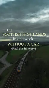 A high-quality travel itinerary video showcasing a scenic train journey through the Scottish Highlands, highlighting key stops like Edinburgh, Stonehaven, and Aberdeen, along with accommodation and dining recommendations.