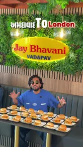 A high-energy, vlog-style review of Jay Bhavani Vadapav in London, highlighting their authentic Gujarati street food offerings including vada pav, maskabun, and Chinese bhel.