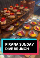 A review-style vlog documenting a bottomless brunch experience at Piraña. The creator showcases the venue's atmosphere, the buffet selection, hot dishes, and cocktails, while providing honest feedback on the food temperature, seasoning, and drink quality.